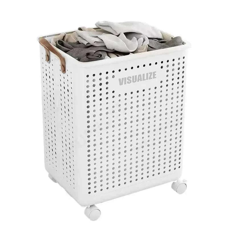 Foldable laundry organizer basket with wheels, white plastic hamper with handles for clothes and toy storage
