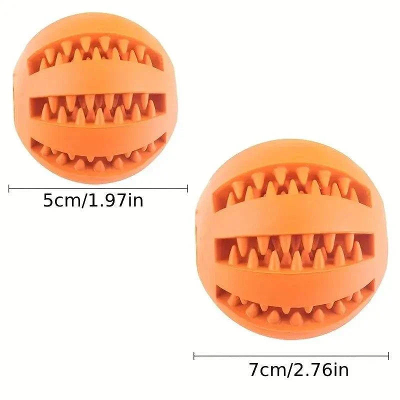 Durable rubber dog toy ball for chewing, teeth cleaning, and treat feeding