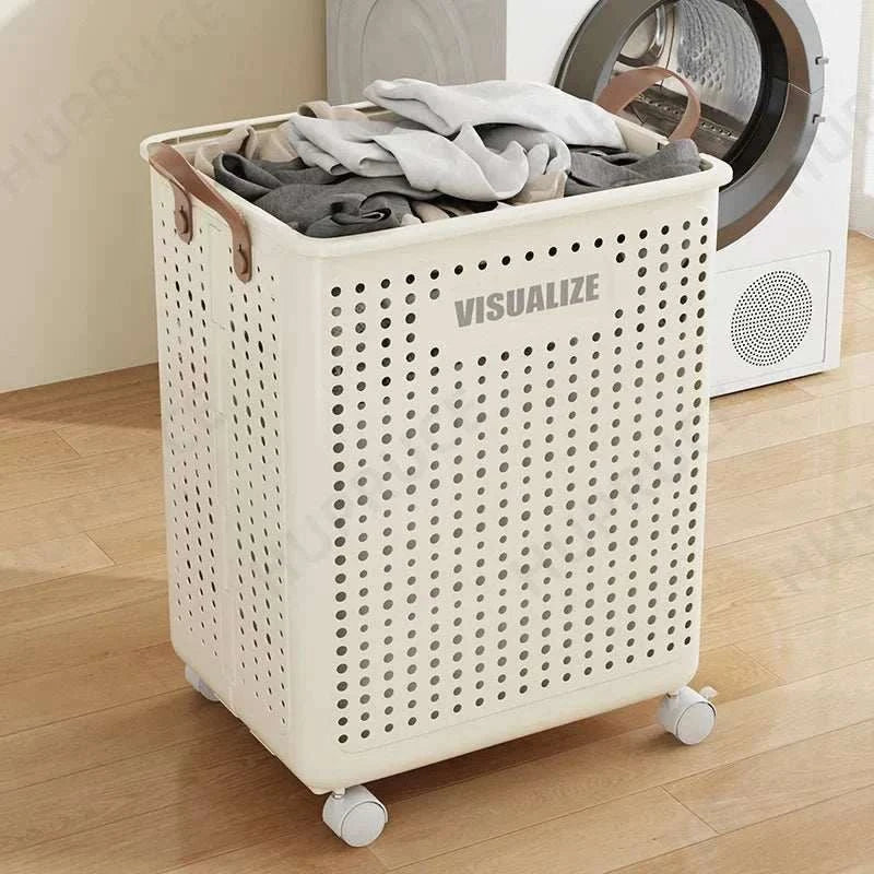 Foldable laundry organizer basket with wheels and perforated sides for clothes storage.