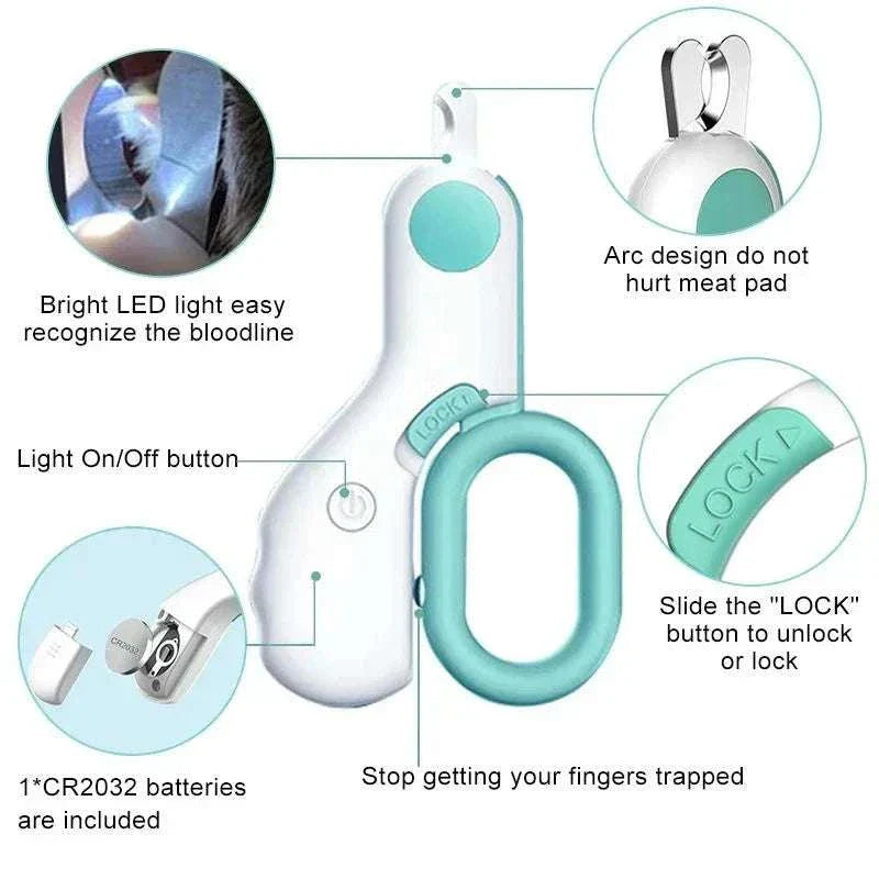 LED light pet nail clipper with safety lock and stainless steel blades for cats and dogs