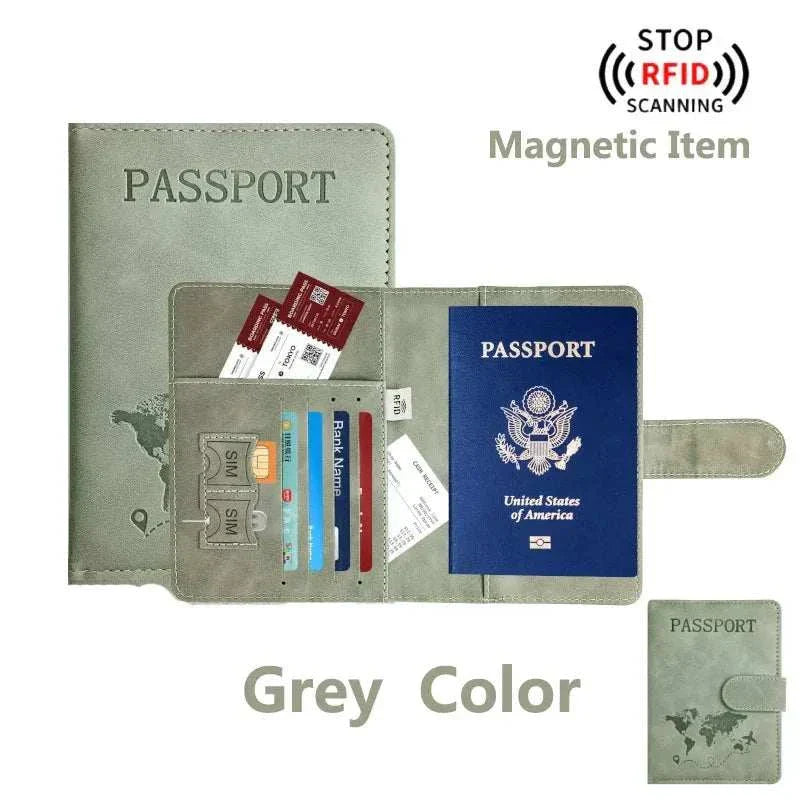 Unisex soft PU leather passport holder for travel with RFID blocking and magnetic closure