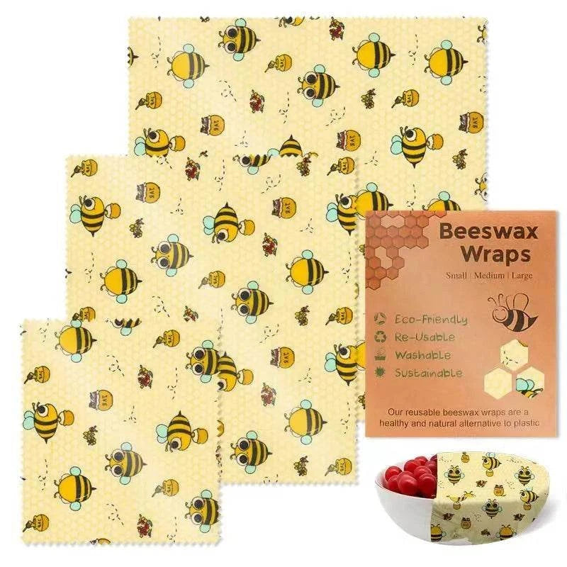 3-piece set of reusable beeswax food wraps with lemon and bee pattern for eco-friendly food storage