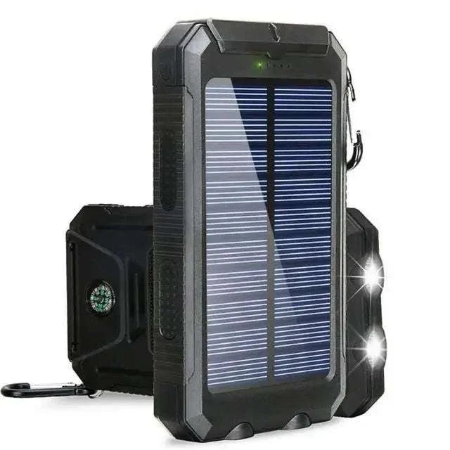Portable black solar power bank 80000mAh with LED light and compass for outdoor charging