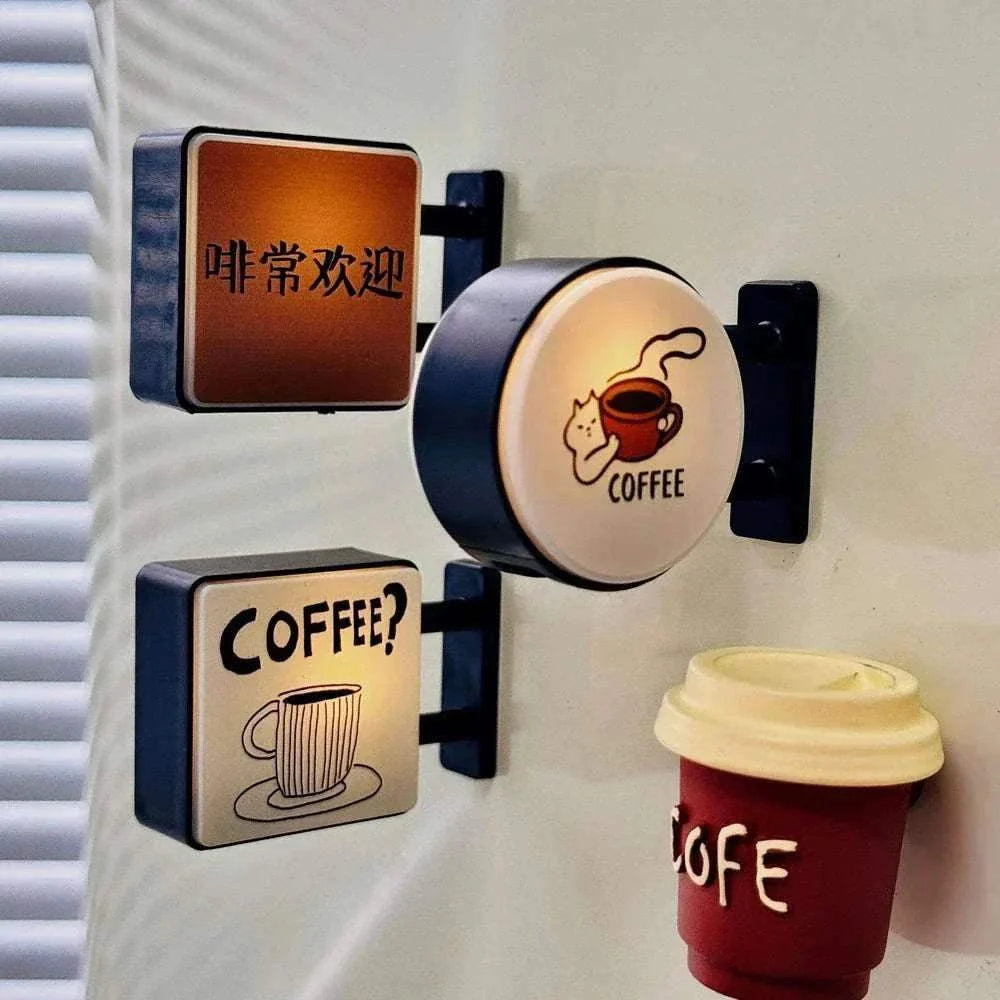 Mini lightbox fridge magnet with coffee and Japanese culture design, glows softly, perfect for refrigerators and magnetic surfaces.