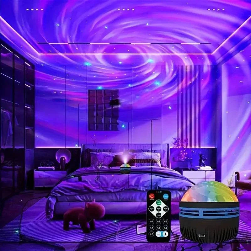 LED Star Galaxy projector lamp creating colorful starry sky with remote control in bedroom decor