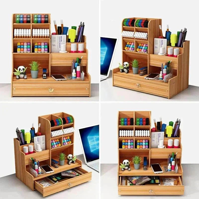 Wooden desk organiser with multiple compartments and pull-out drawer for office supplies