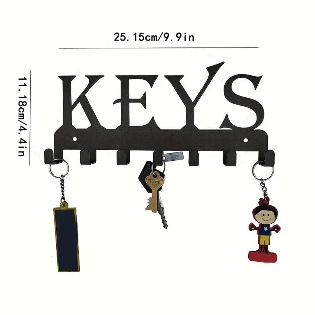 Wall mounted black metal key holder with KEYS design and multiple hooks for keys and small items storage