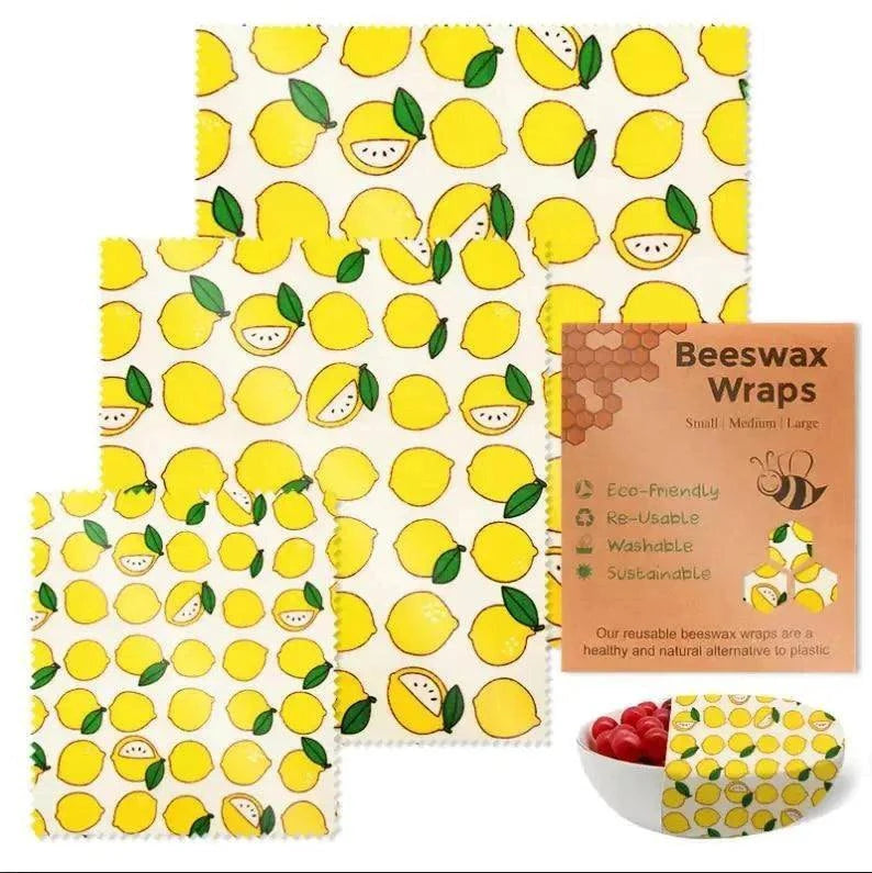 3-piece set of reusable beeswax food wraps with lemon pattern, eco-friendly and washable organic cotton wax cloth alternative to plastic wrap