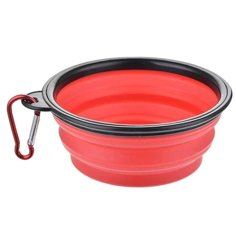 Red collapsible pet dog bowl with carabiner for travel and outdoor use