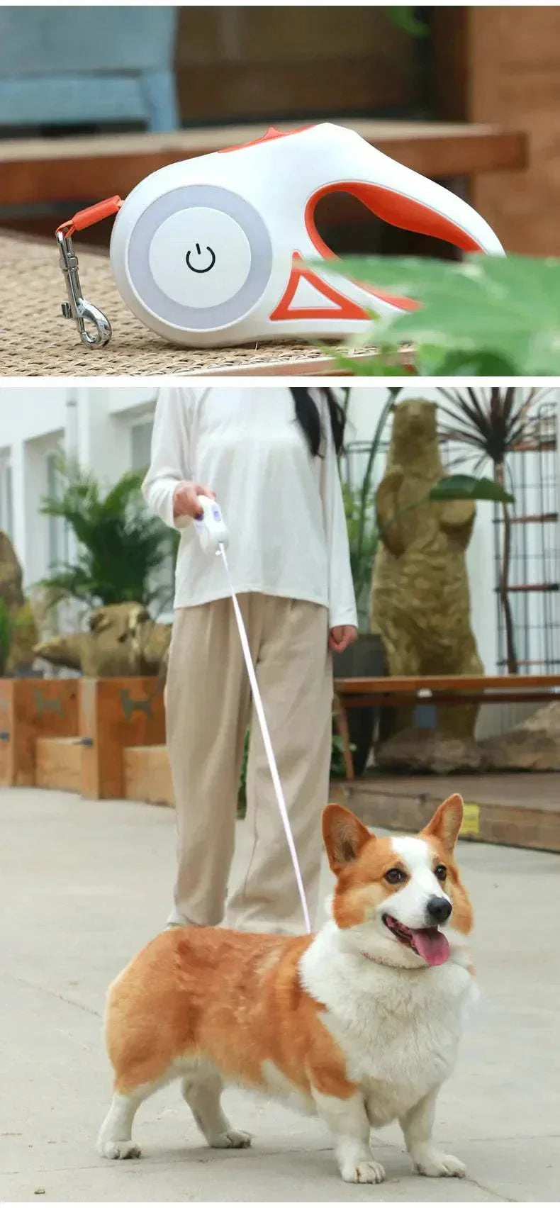LED retractable dog leash with built-in light and ergonomic grip for safe nighttime pet walks