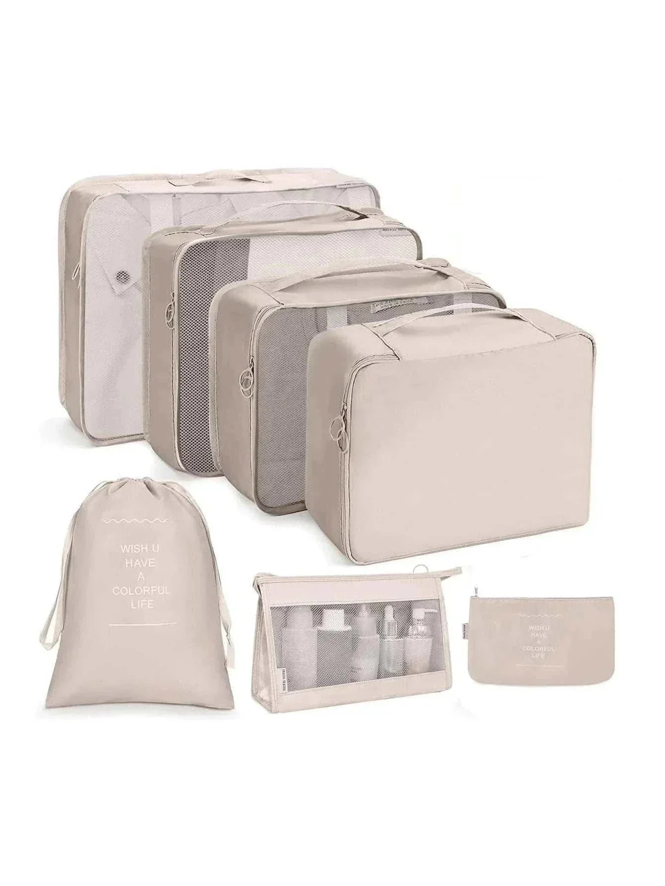 Set of portable travel organizer storage bags in various sizes for luggage packing
