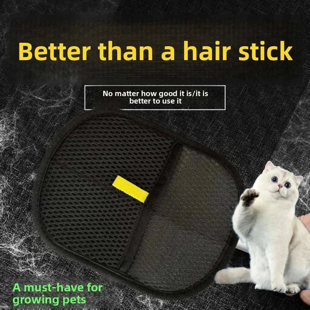Black double-sided pet hair glove for removing pet fur from furniture, carpets, and clothes with static-charged fabric.