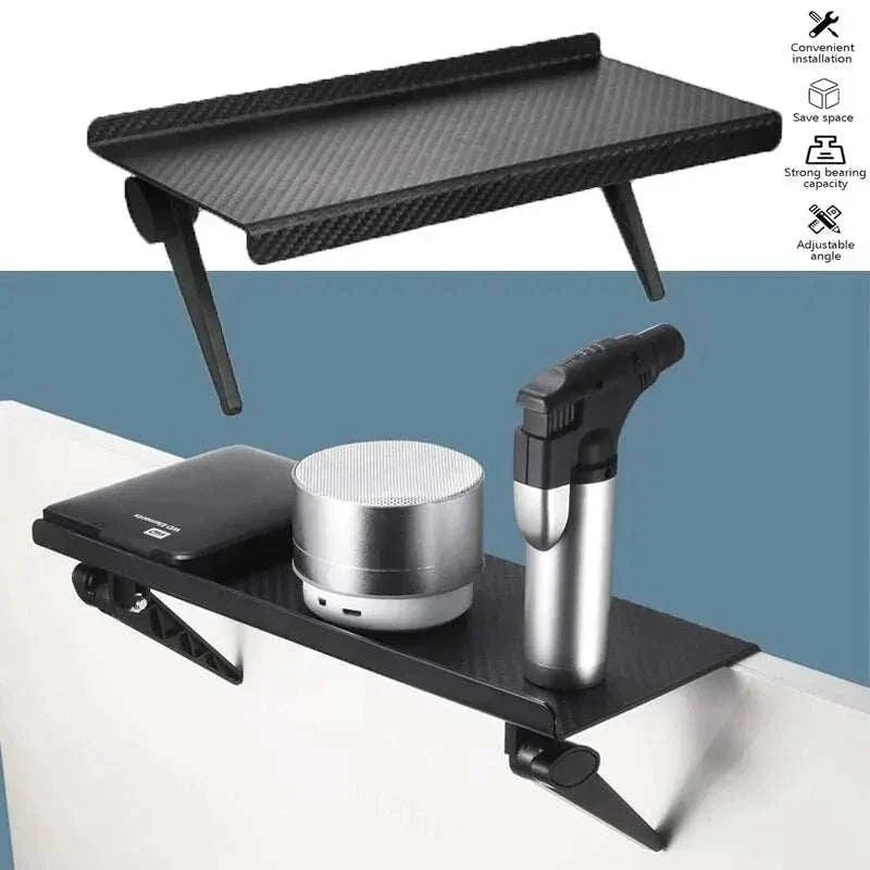 Computer and TV screen storage rack holding wireless router and set-top box in sleek black design