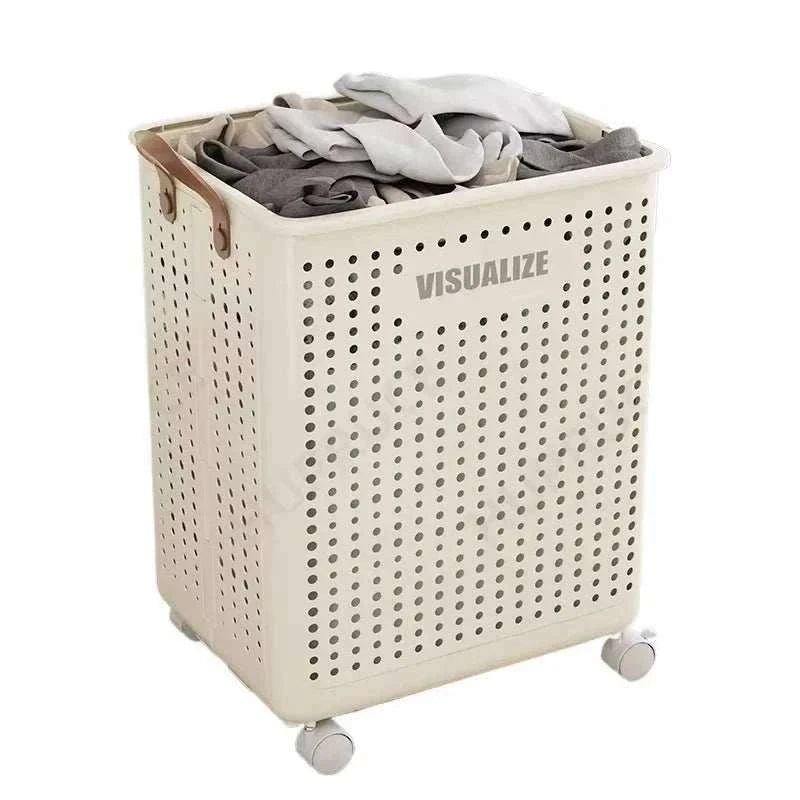 Foldable laundry organizer basket with wheels and handles for clothes storage