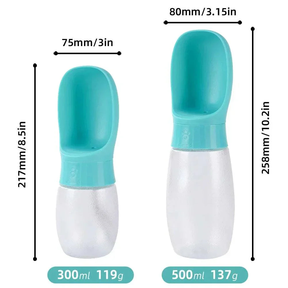 Portable dog water bottle with 300ml and 500ml capacity, leak-proof and suitable for outdoor use.