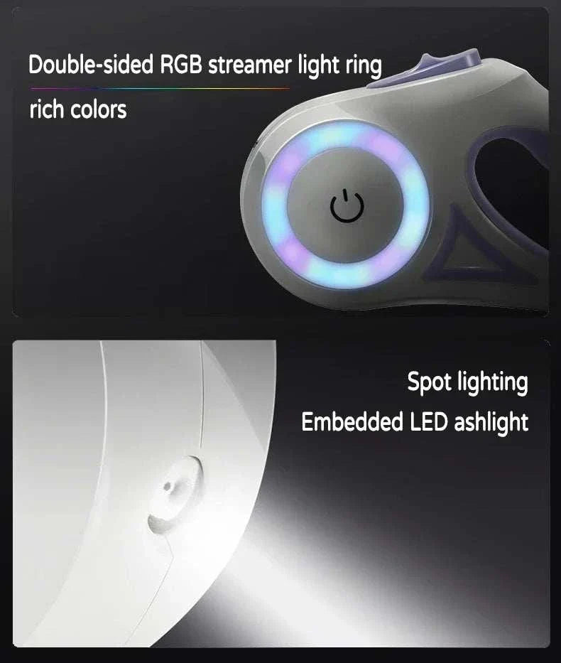 LED retractable dog leash with built-in light and ergonomic grip for safe nighttime walks