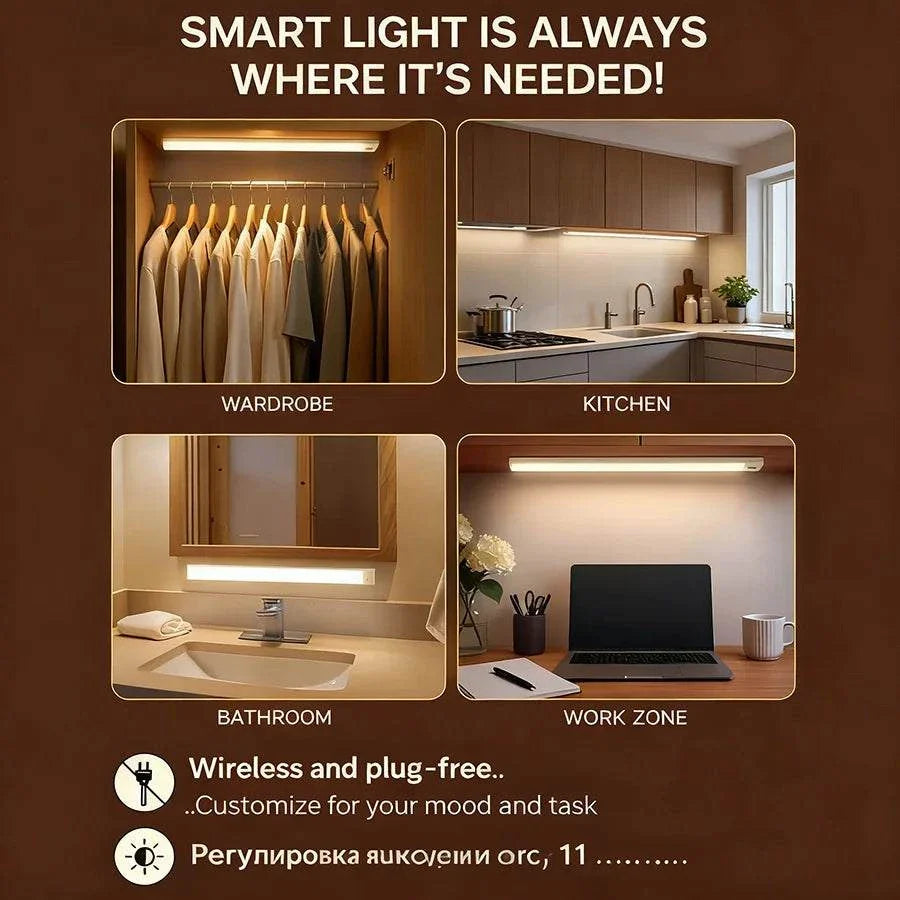 Wireless LED cabinet lights with motion sensor for wardrobe, kitchen, bathroom, and work zone lighting