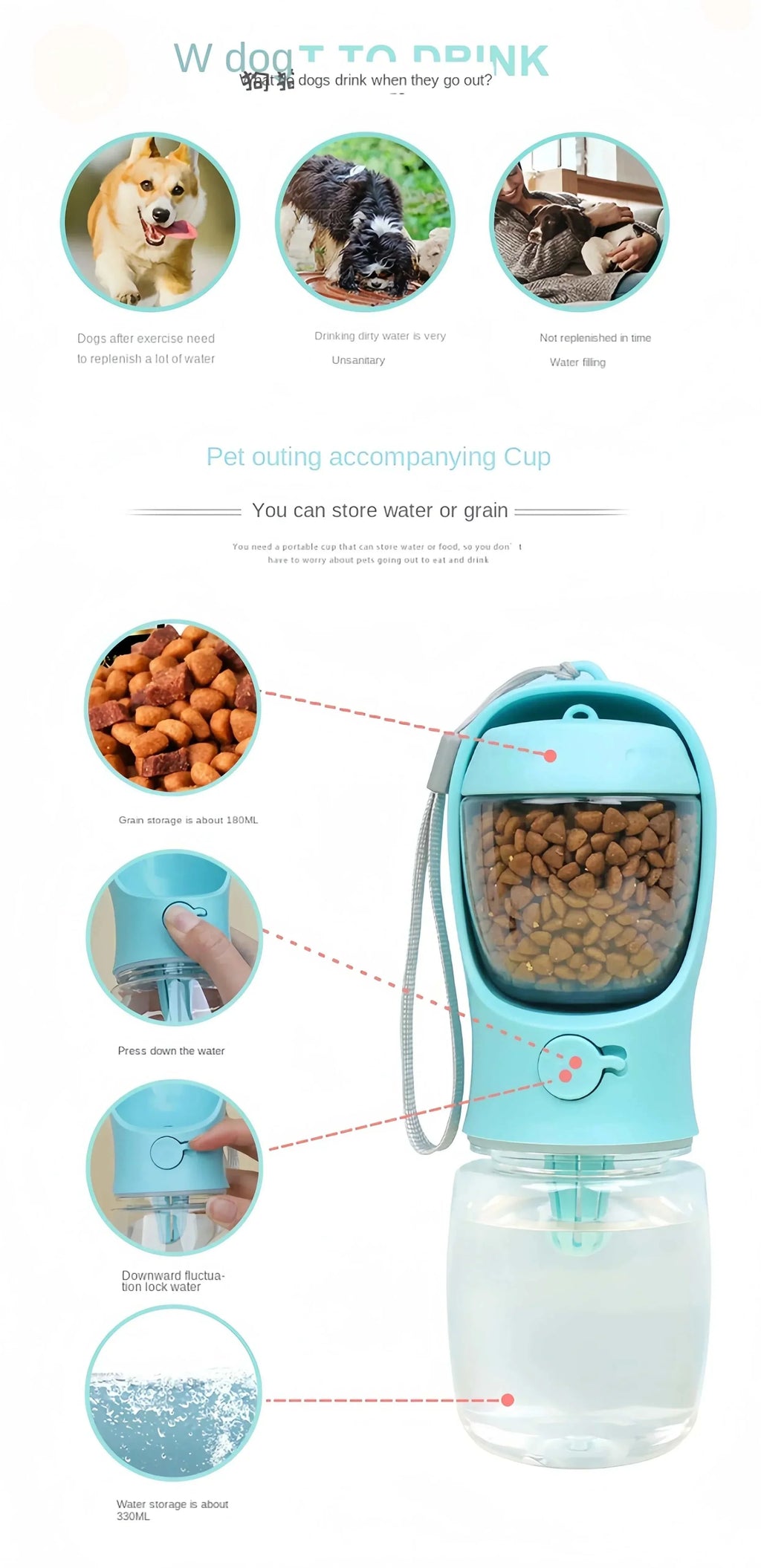 Portable dog cat water bottle with 2-in-1 water dispenser and food container for outdoor use