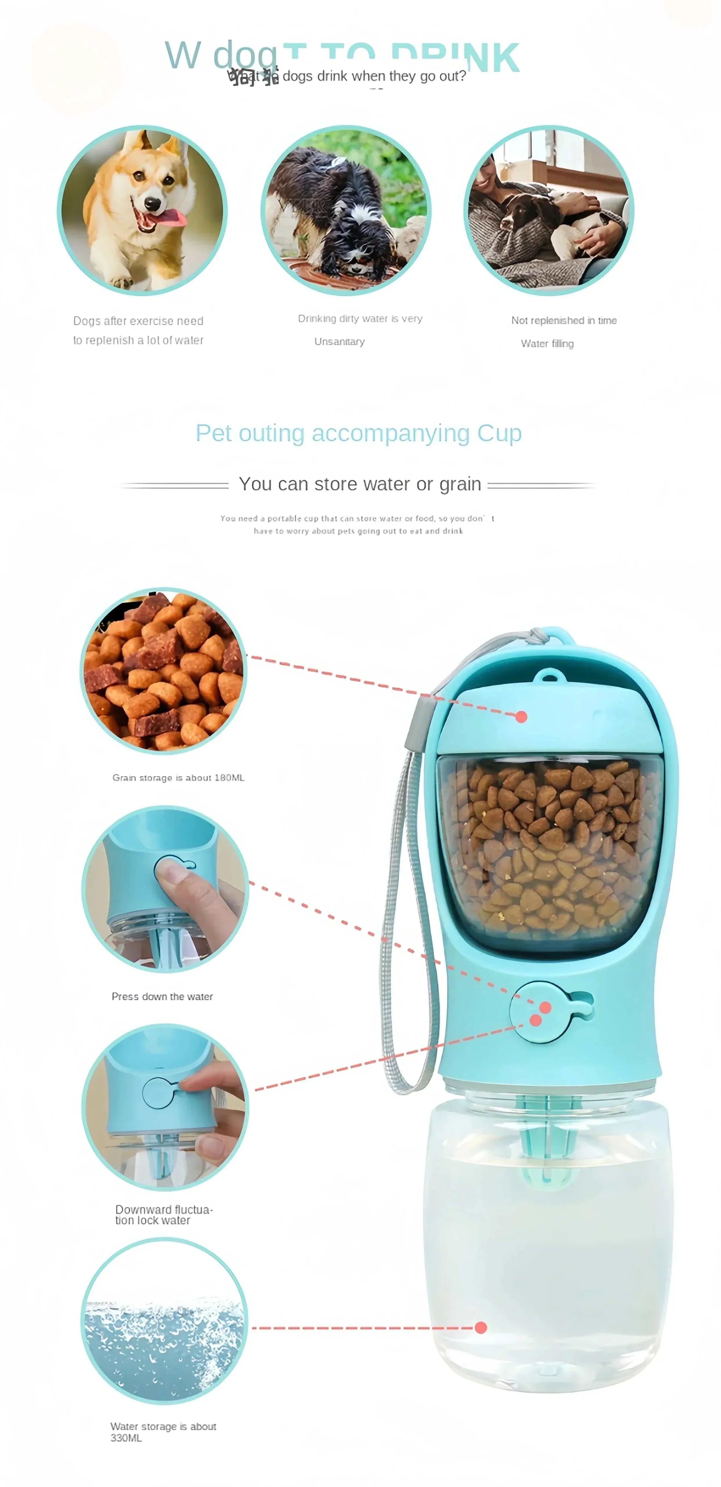Portable dog cat water bottle with 2-in-1 water dispenser and food container for outdoor use