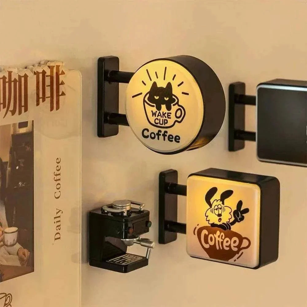 Mini lightbox fridge magnet with coffee-themed luminous design and strong magnetic base for kitchen and home decor