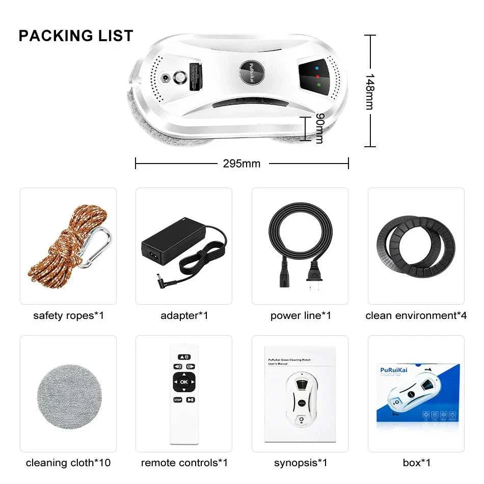 Ultra-thin robot vacuum cleaner for streak-free window and glass surface cleaning with remote control and safety rope