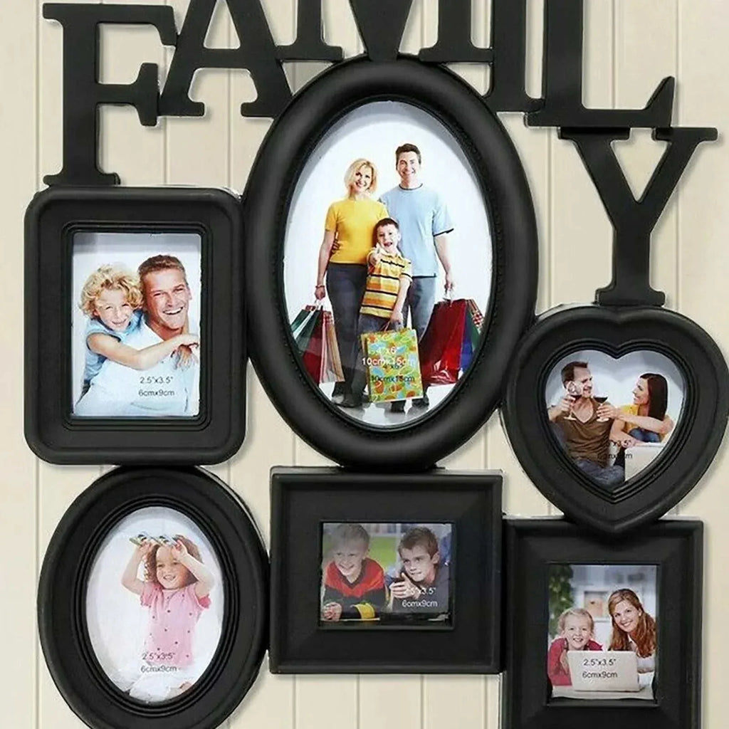 Modern family photo frame wall hanging displaying six pictures with minimalist design