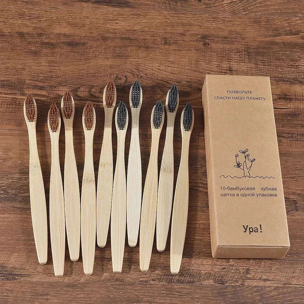 10-piece eco-friendly bamboo toothbrush set with natural handles and black bristles