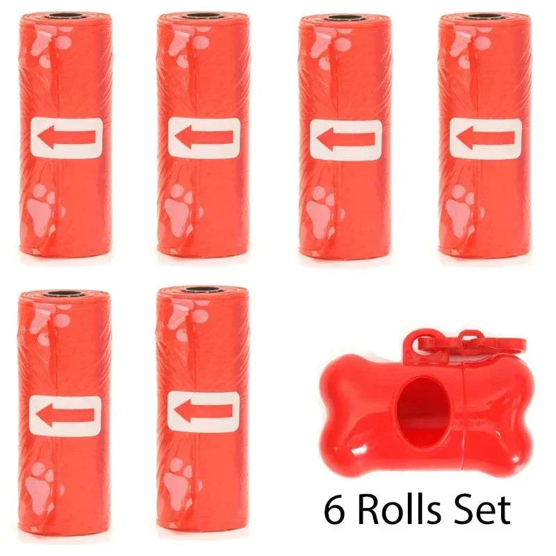 Red pet poop bags rolls with white paw prints and bone-shaped dispenser with leash clip, 6 rolls set, biodegradable and eco-friendly pet waste bags