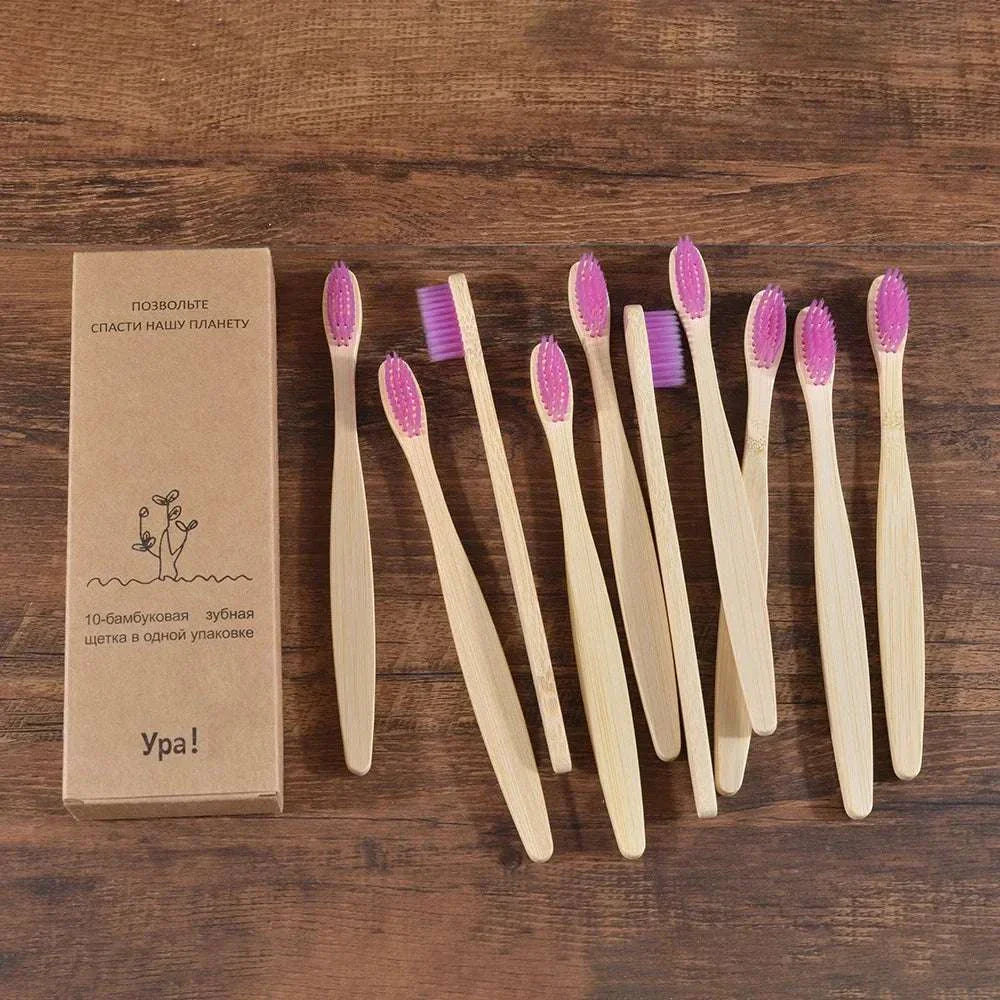 10-piece set of natural bamboo toothbrushes with black bristles, eco-friendly and biodegradable handles