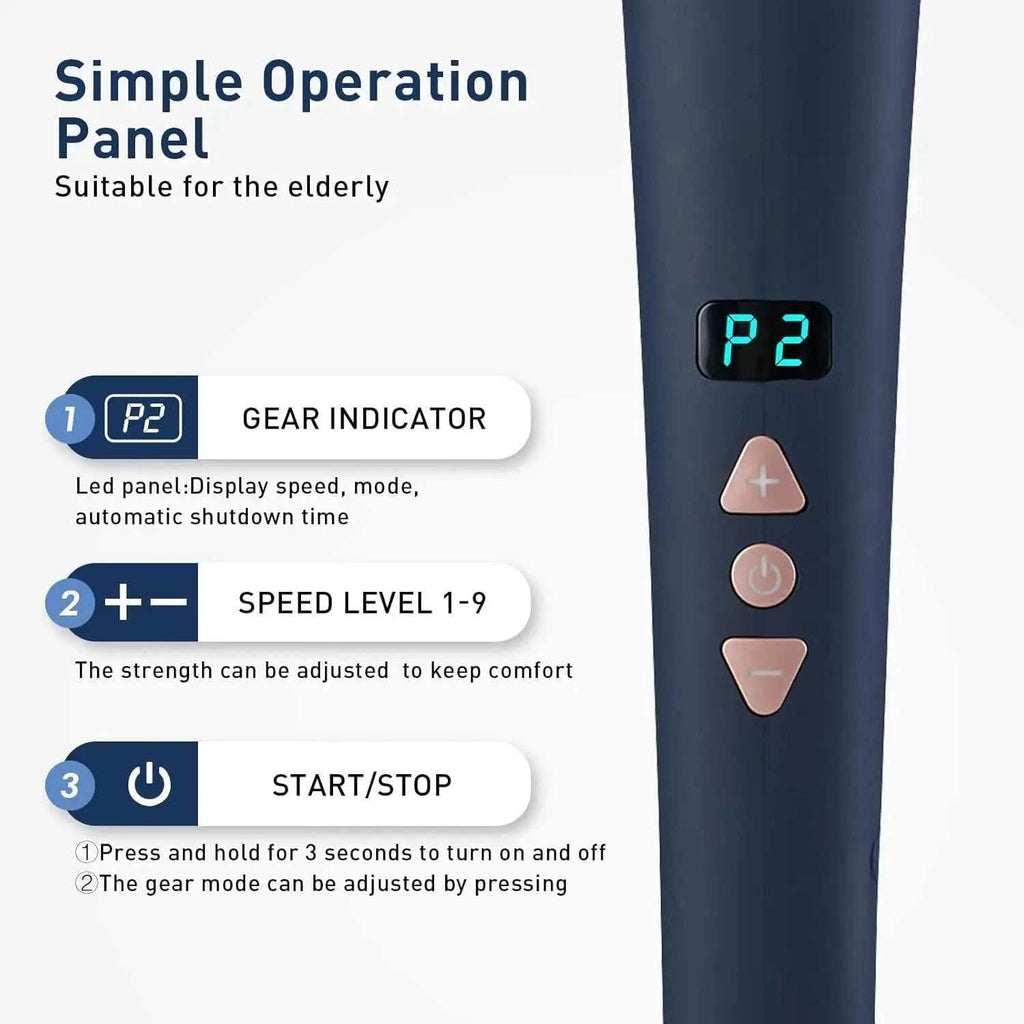 Massage gun control panel with gear indicator, speed level buttons, and start/stop for deep tissue massage