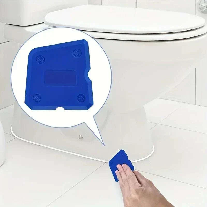 Blue 4-piece silicone glass cement scraper set with multiple edges in plastic storage box for precise sealing and finishing