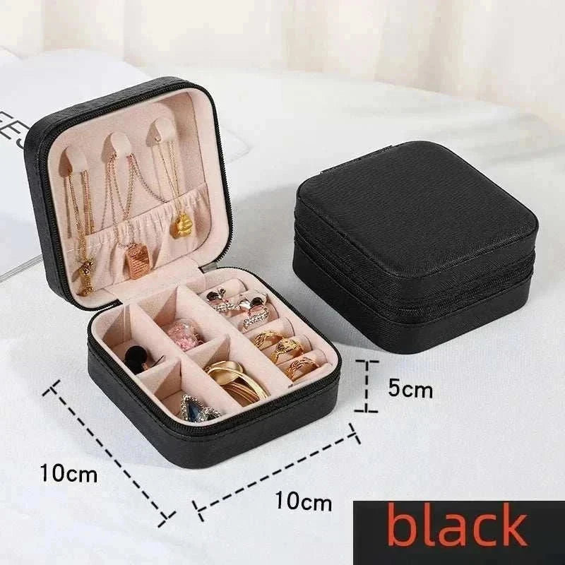 black mini jewelry storage box with compartments for earrings rings and necklaces portable travel organizer PU leather