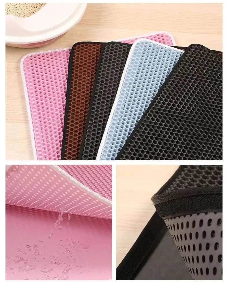 Double layer waterproof cat litter mat with honeycomb design and non-slip backing to trap scattered litter and protect floors