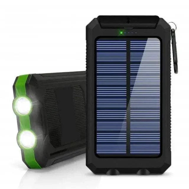 Portable 80000mAh solar power bank with LED light, compass, and dual USB charging for smartphones.