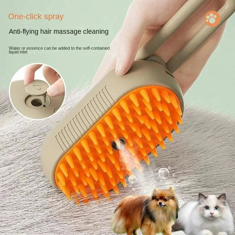 Electric steamy dog brush with steam spray, deshedding, and massage for pet grooming