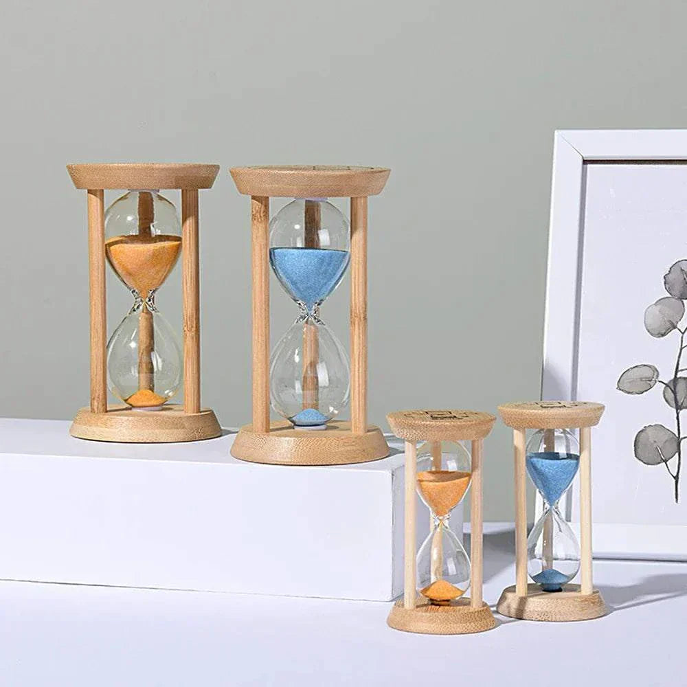 Elegant wooden hourglass timer with natural wood tone and clear glass for precise timing in kitchens, offices, and home decor.