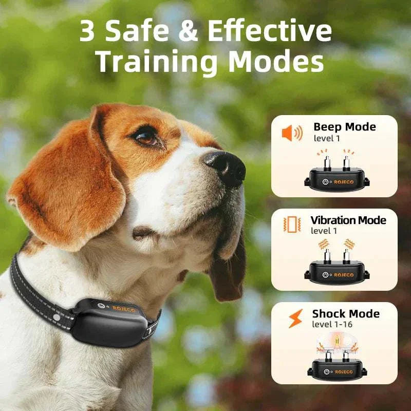 Electric dog training collar with digital remote, vibration and stimulation modes, rechargeable battery, and waterproof design for effective obedience training and bark control.