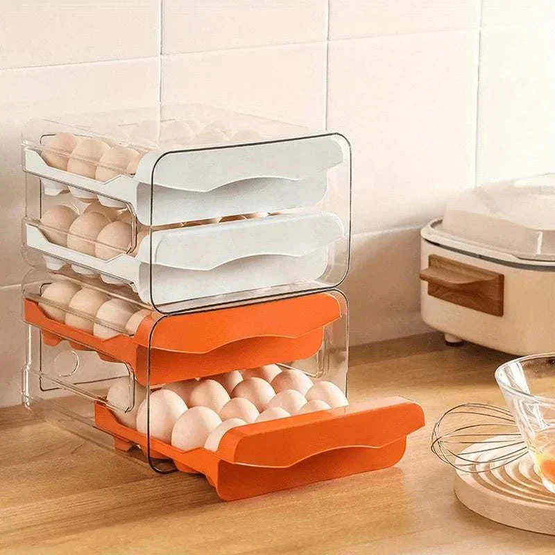 Clear 2-layer kitchen egg storage box holding 32 eggs with durable, stackable, and moisture-proof design