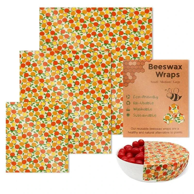 Set of 3 reusable beeswax food wraps with lemon pattern for eco-friendly food storage