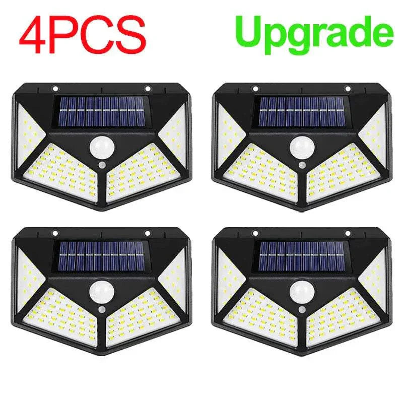 100 LED solar wall light with motion sensor and wide-angle illumination for outdoor use