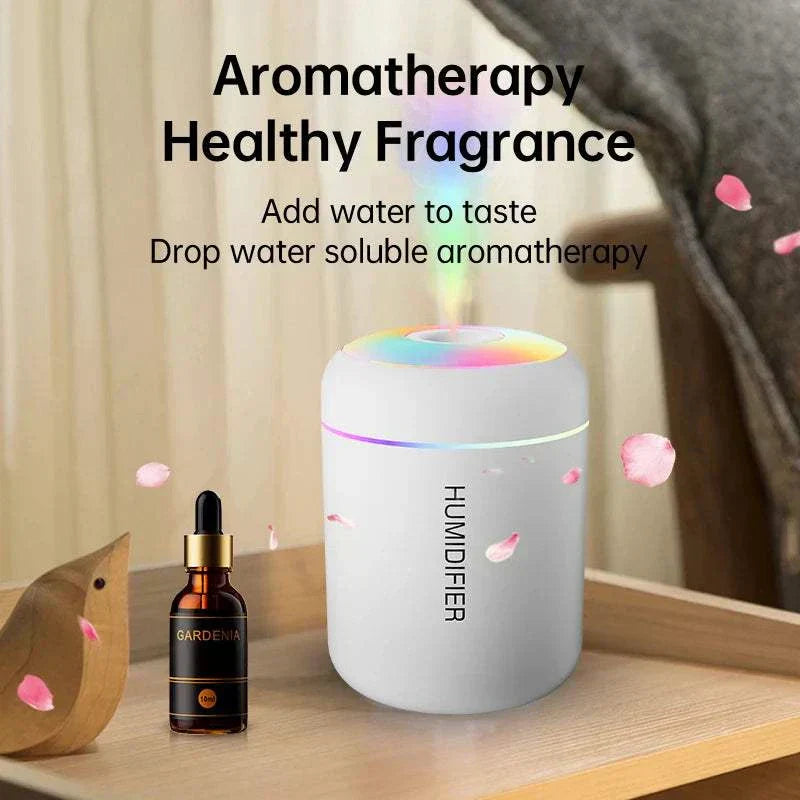 Compact mini air humidifier with USB power and LED ambient light for aromatherapy and improved air quality