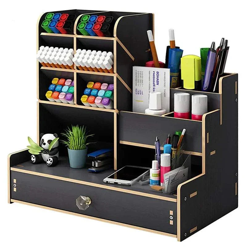 Wooden desk organiser with multiple compartments and pull-out drawer for office supplies