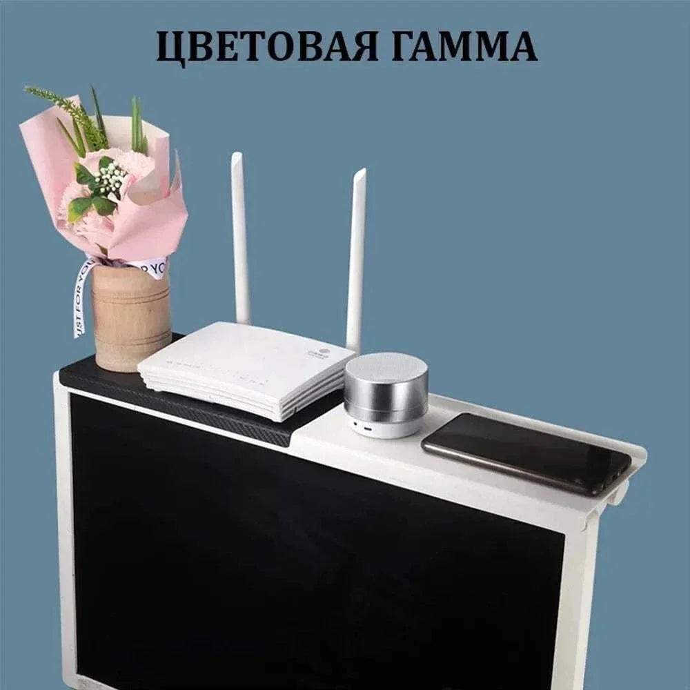 Sleek computer and TV screen storage rack organizing wireless router and set-top box in black and white options