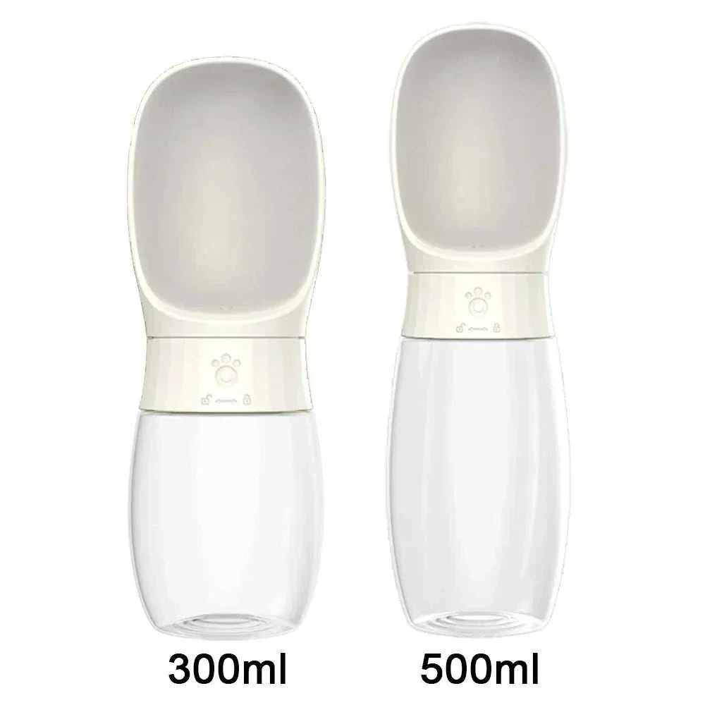 Portable dog water bottle with attached drinking bowl, available in 300ml and 500ml sizes, leak-proof and suitable for small to large dogs and cats.