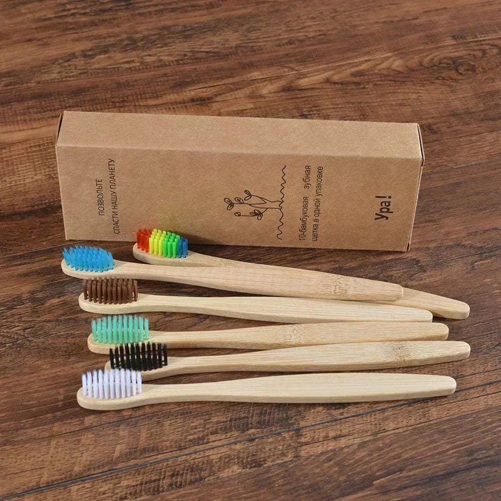 10-piece natural bamboo toothbrush set with black bristles, eco-friendly and biodegradable handles