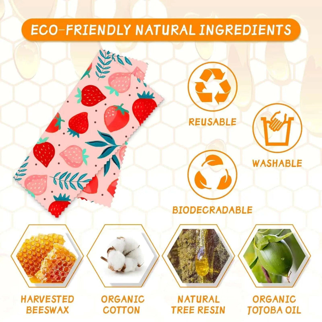 Reusable beeswax food wraps with strawberry pattern made from organic cotton, beeswax, jojoba oil, and tree resin, eco-friendly and washable alternative to plastic wraps.