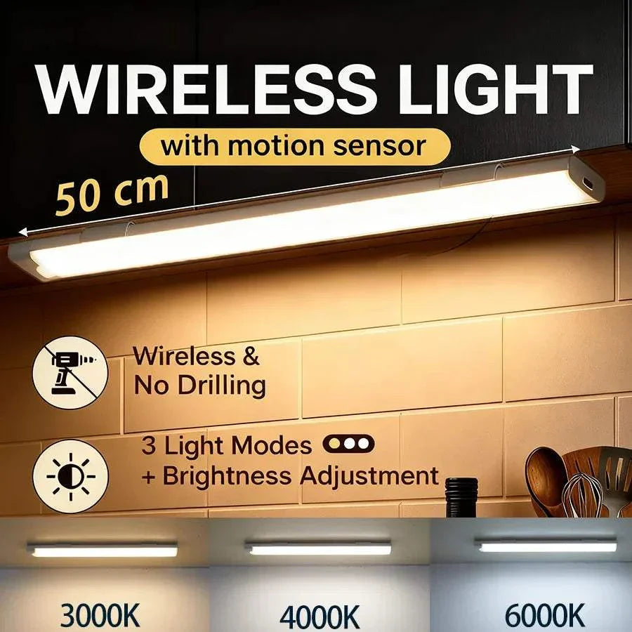 Wireless LED cabinet light 50cm with motion sensor, three light modes, brightness adjustment, wireless installation and no drilling needed