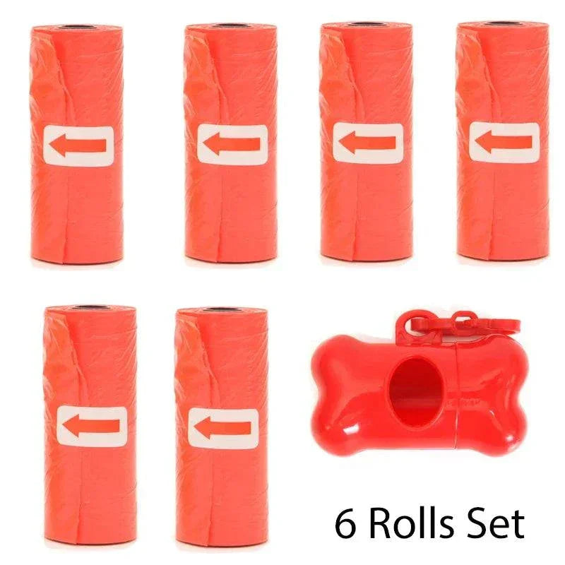 Red pet poop bags rolls with bone-shaped dispenser and leash clip set of 6 rolls
