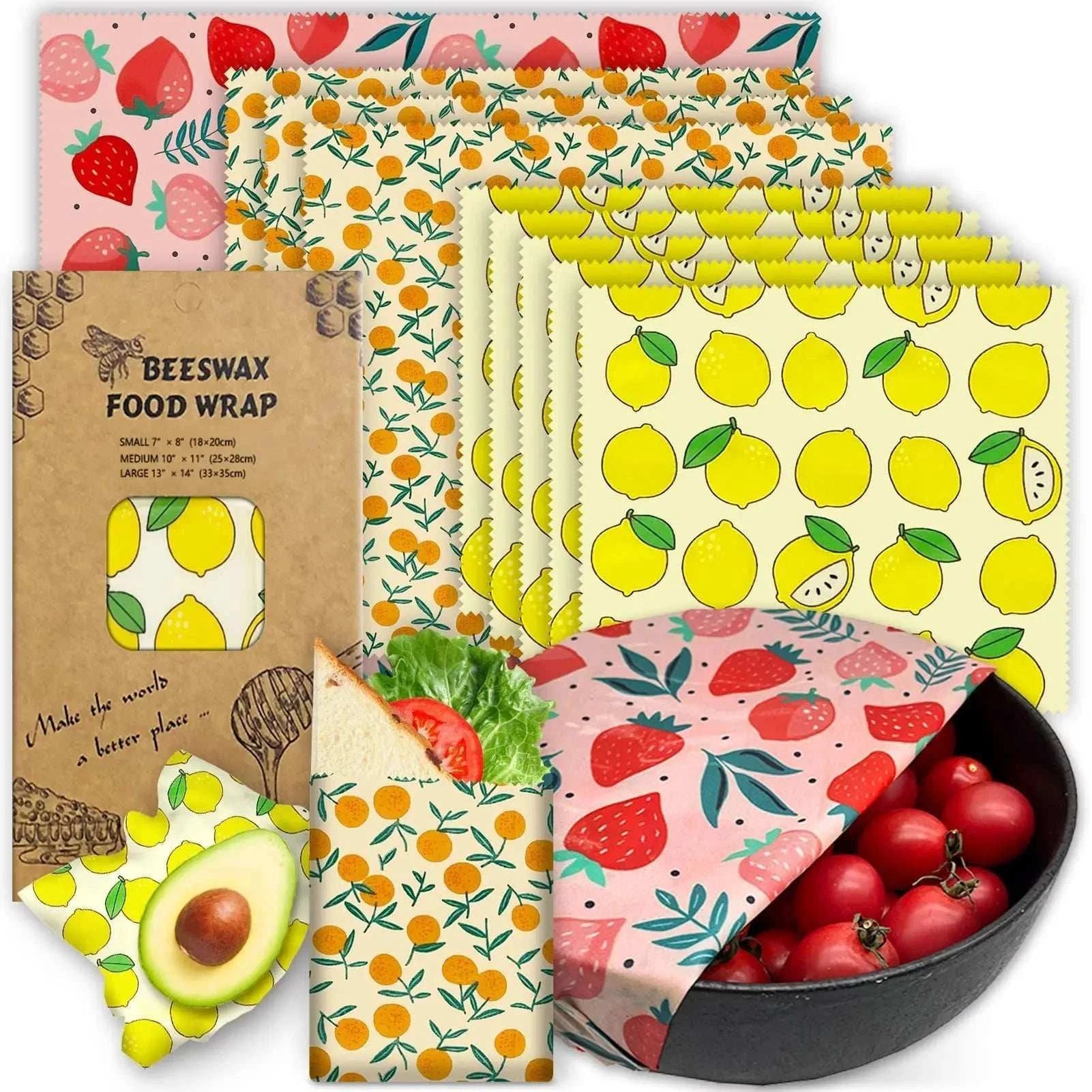Set of 3 reusable beeswax food wraps with lemon and strawberry patterns for eco-friendly food storage