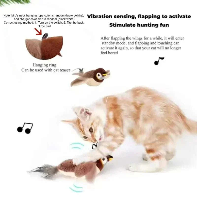 Interactive plush simulated bird cat toy with chirping sounds and flapping wings